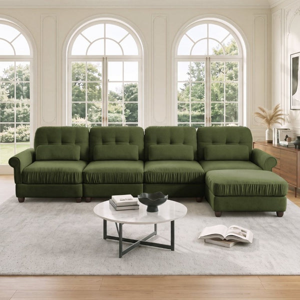 English Elm Chenille Modular U-Shape Sectional with Button-Tufted Back and Deep Cozy Seating Green 4-Seater with One Ottoman W714S02094