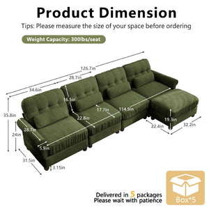 English Elm Chenille Modular U-Shape Sectional with Button-Tufted Back and Deep Cozy Seating Green 4-Seater with One Ottoman W714S02094
