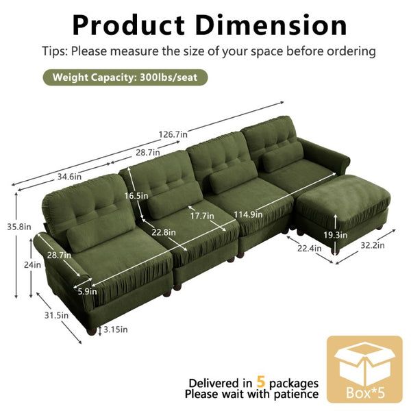 English Elm Chenille Modular U-Shape Sectional with Button-Tufted Back and Deep Cozy Seating Green 4-Seater with One Ottoman W714S02094