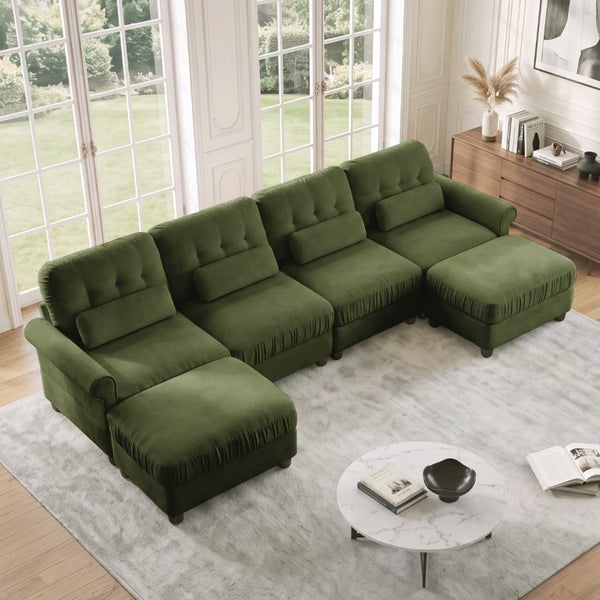 English Elm Modern Tufted Chenille Four Seat Sofa with Solid Wood Frame for Living Rooms Green 4-Seater U-Shape Sectional W714S02095