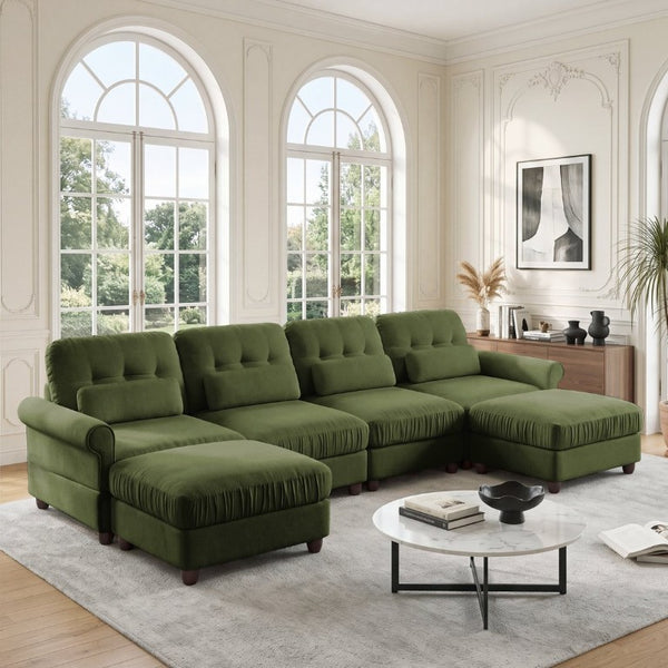 English Elm Modern Tufted Chenille Four Seat Sofa with Solid Wood Frame for Living Rooms Green 4-Seater U-Shape Sectional W714S02095