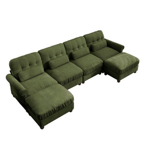 English Elm Modern Tufted Chenille Four Seat Sofa with Solid Wood Frame for Living Rooms Green 4-Seater U-Shape Sectional W714S02095
