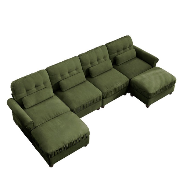 English Elm Modern Tufted Chenille Four Seat Sofa with Solid Wood Frame for Living Rooms Green 4-Seater U-Shape Sectional W714S02095