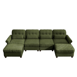 English Elm Modern Tufted Chenille Four Seat Sofa with Solid Wood Frame for Living Rooms Green 4-Seater U-Shape Sectional W714S02095