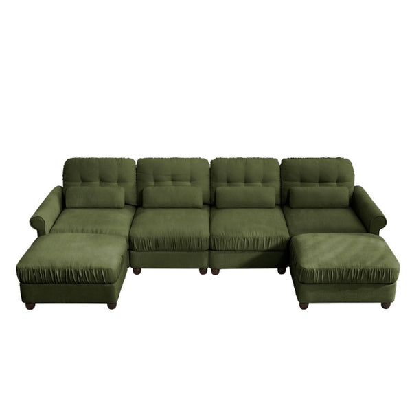 English Elm Modern Tufted Chenille Four Seat Sofa with Solid Wood Frame for Living Rooms Green 4-Seater U-Shape Sectional W714S02095