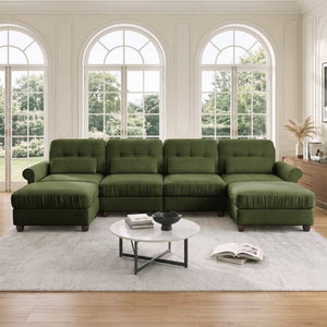 English Elm Modern Tufted Chenille Four Seat Sofa with Solid Wood Frame for Living Rooms Green 4-Seater U-Shape Sectional W714S02095
