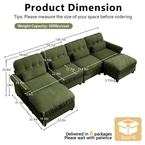 English Elm Modern Tufted Chenille Four Seat Sofa with Solid Wood Frame for Living Rooms Green 4-Seater U-Shape Sectional W714S02095