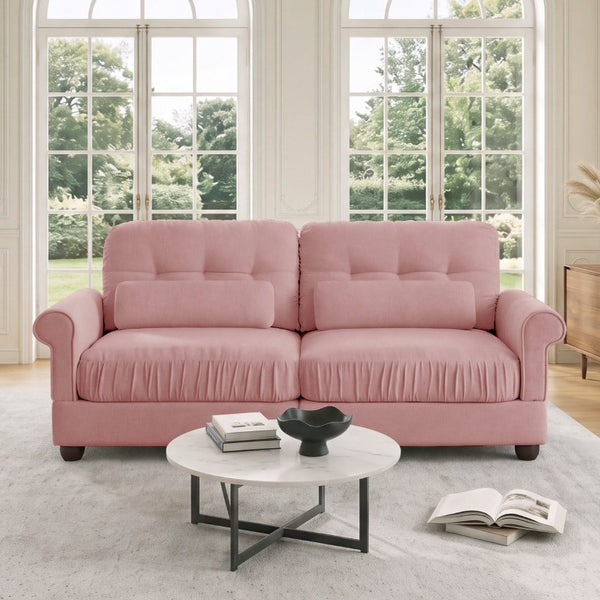 English Elm Chenille Tufted Compact Sectional with Ottoman Lumbar Pillows Rolled Arms Apartment Seating Pink Sofa W714S02096