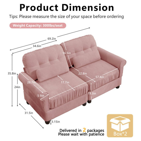 English Elm Chenille Tufted Compact Sectional with Ottoman Lumbar Pillows Rolled Arms Apartment Seating Pink Sofa W714S02096