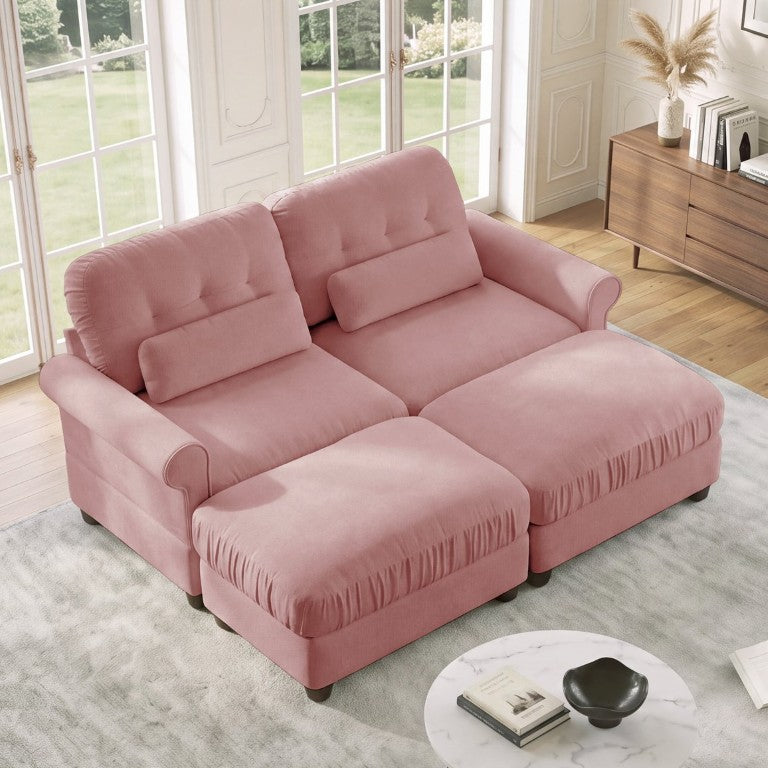 English Elm Chenille Modular Loveseat Sectional with Tufted Back Rolled Arms and Two Ottomans W714S02098