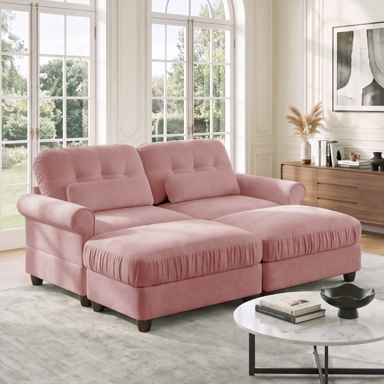 English Elm Chenille Modular Loveseat Sectional with Tufted Back Rolled Arms and Two Ottomans W714S02098