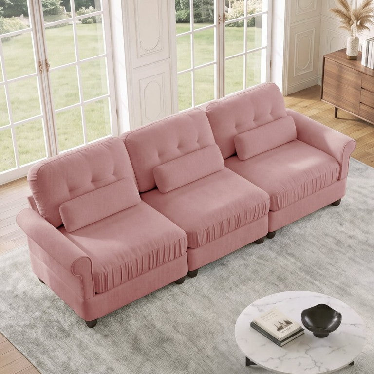 English Elm Chenille Three Seater Modular Sofa with Ruffled Cushions Tufted Back for Living Room W714S02099