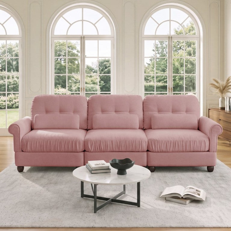 English Elm Chenille Three Seater Modular Sofa with Ruffled Cushions Tufted Back for Living Room W714S02099