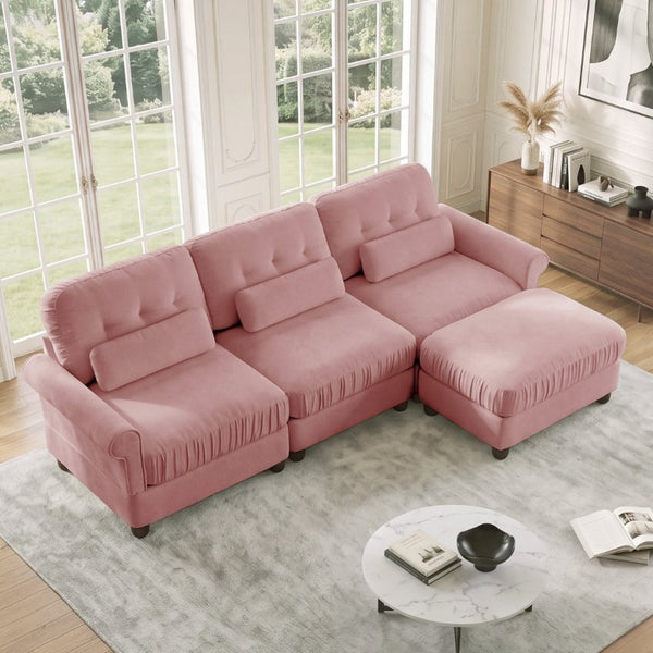 English Elm Chenille Modular Sectional with Tufted Back Rolled Arms Ottoman and Lumbar Pillows W714S02100