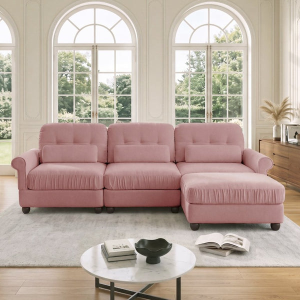 English Elm Chenille Modular Sectional with Tufted Back Rolled Arms Ottoman and Lumbar Pillows W714S02100