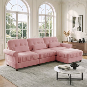 English Elm Chenille Modular Sectional with Tufted Back Rolled Arms Ottoman and Lumbar Pillows W714S02100