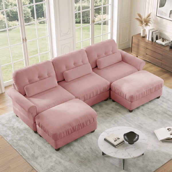 English Elm Chenille Modular U-Shape Sectional with Button-Tufted Back and Deep Cozy Seating Pink 3-Seater with 2 Ottomans W714S02101