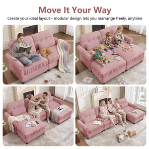 English Elm Chenille Modular U-Shape Sectional with Button-Tufted Back and Deep Cozy Seating Pink 3-Seater with 2 Ottomans W714S02101