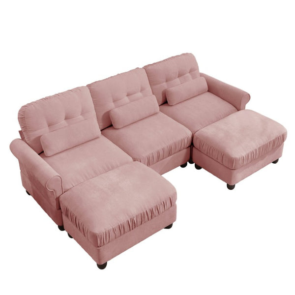 English Elm Chenille Modular U-Shape Sectional with Button-Tufted Back and Deep Cozy Seating Pink 3-Seater with 2 Ottomans W714S02101