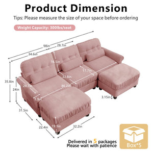 English Elm Chenille Modular U-Shape Sectional with Button-Tufted Back and Deep Cozy Seating Pink 3-Seater with 2 Ottomans W714S02101