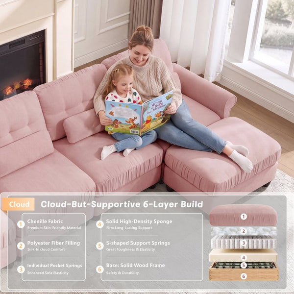English Elm Modern Tufted Chenille Four Seat Sofa with Solid Wood Frame for Living Rooms Pink 4-Seater U-Shape Sectional W714S02104