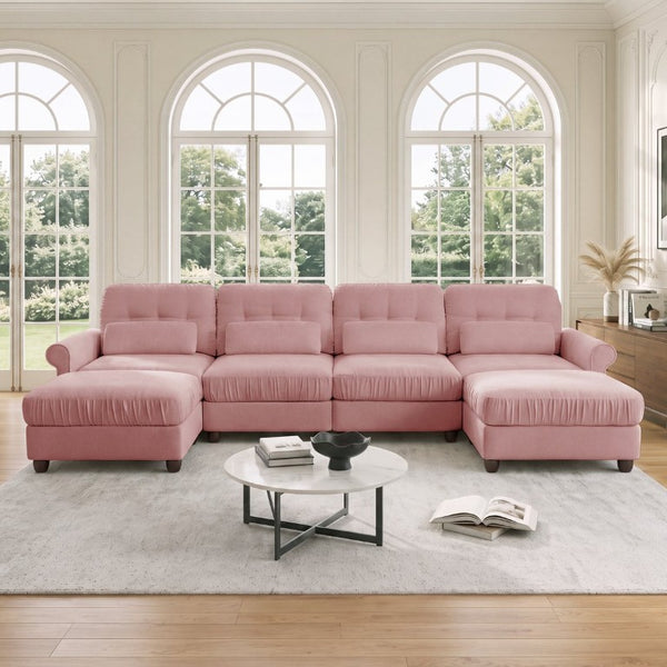 English Elm Modern Tufted Chenille Four Seat Sofa with Solid Wood Frame for Living Rooms Pink 4-Seater U-Shape Sectional W714S02104