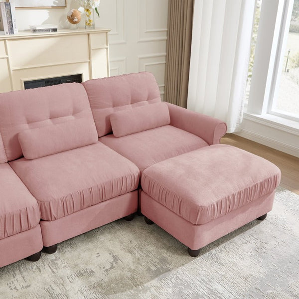 English Elm Modern Tufted Chenille Four Seat Sofa with Solid Wood Frame for Living Rooms Pink 4-Seater U-Shape Sectional W714S02104