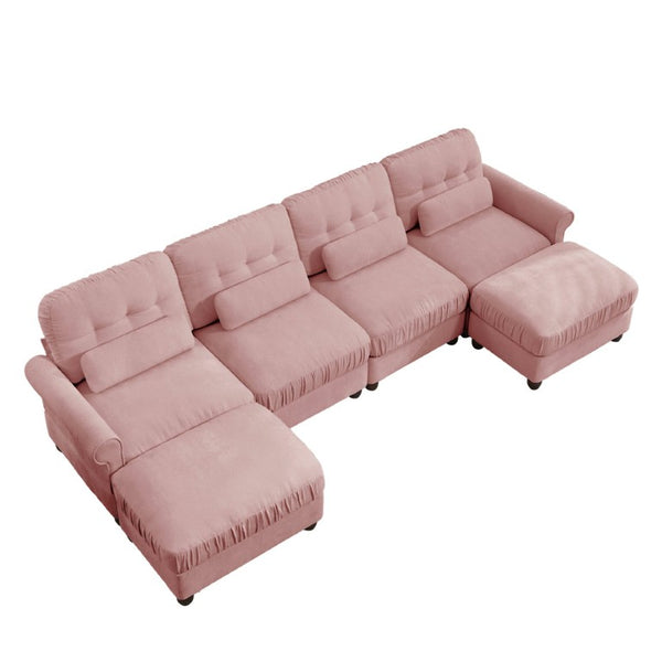 English Elm Modern Tufted Chenille Four Seat Sofa with Solid Wood Frame for Living Rooms Pink 4-Seater U-Shape Sectional W714S02104