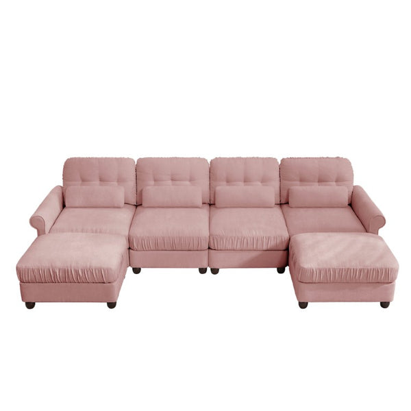 English Elm Modern Tufted Chenille Four Seat Sofa with Solid Wood Frame for Living Rooms Pink 4-Seater U-Shape Sectional W714S02104
