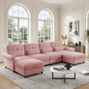 English Elm Modern Tufted Chenille Four Seat Sofa with Solid Wood Frame for Living Rooms Pink 4-Seater U-Shape Sectional W714S02104
