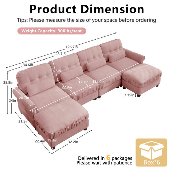 English Elm Modern Tufted Chenille Four Seat Sofa with Solid Wood Frame for Living Rooms Pink 4-Seater U-Shape Sectional W714S02104