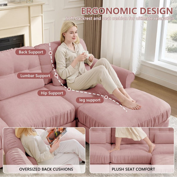 English Elm Modern Tufted Chenille Four Seat Sofa with Solid Wood Frame for Living Rooms Pink 4-Seater U-Shape Sectional W714S02104