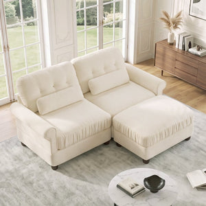 English Elm Chenille Tufted Compact Sectional with Ottoman Lumbar Pillows Rolled Arms Apartment Seating Beige Loveseat Sectional with Ottoman W714S02106
