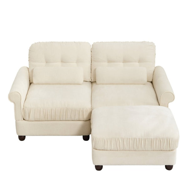 English Elm Chenille Tufted Compact Sectional with Ottoman Lumbar Pillows Rolled Arms Apartment Seating Beige Loveseat Sectional with Ottoman W714S02106