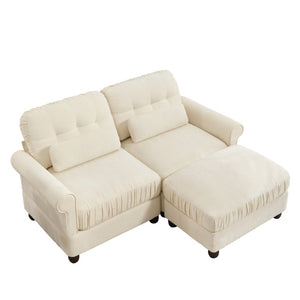 English Elm Chenille Tufted Compact Sectional with Ottoman Lumbar Pillows Rolled Arms Apartment Seating Beige Loveseat Sectional with Ottoman W714S02106