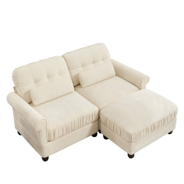English Elm Chenille Tufted Compact Sectional with Ottoman Lumbar Pillows Rolled Arms Apartment Seating Beige Loveseat Sectional with Ottoman W714S02106