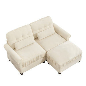 English Elm Chenille Tufted Compact Sectional with Ottoman Lumbar Pillows Rolled Arms Apartment Seating Beige Loveseat Sectional with Ottoman W714S02106