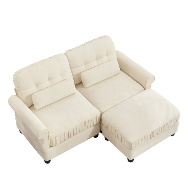 English Elm Chenille Tufted Compact Sectional with Ottoman Lumbar Pillows Rolled Arms Apartment Seating Beige Loveseat Sectional with Ottoman W714S02106