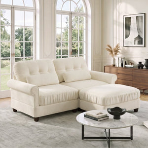English Elm Chenille Tufted Compact Sectional with Ottoman Lumbar Pillows Rolled Arms Apartment Seating Beige Loveseat Sectional with Ottoman W714S02106
