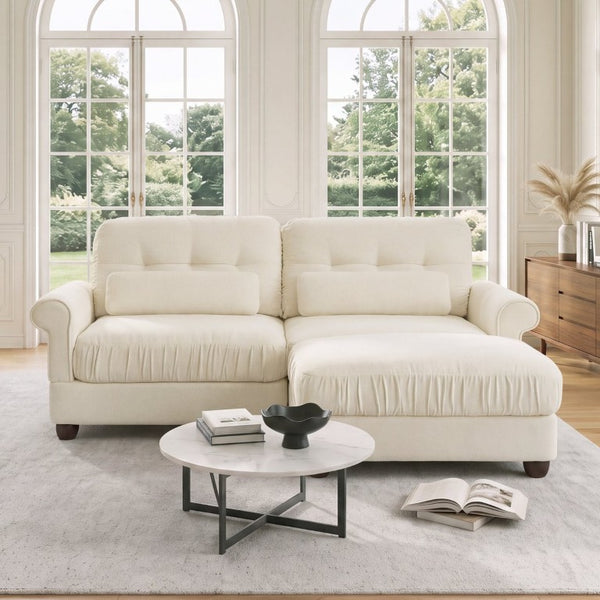 English Elm Chenille Tufted Compact Sectional with Ottoman Lumbar Pillows Rolled Arms Apartment Seating Beige Loveseat Sectional with Ottoman W714S02106