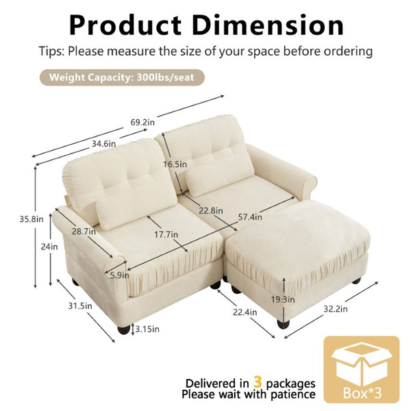 English Elm Chenille Tufted Compact Sectional with Ottoman Lumbar Pillows Rolled Arms Apartment Seating Beige Loveseat Sectional with Ottoman W714S02106