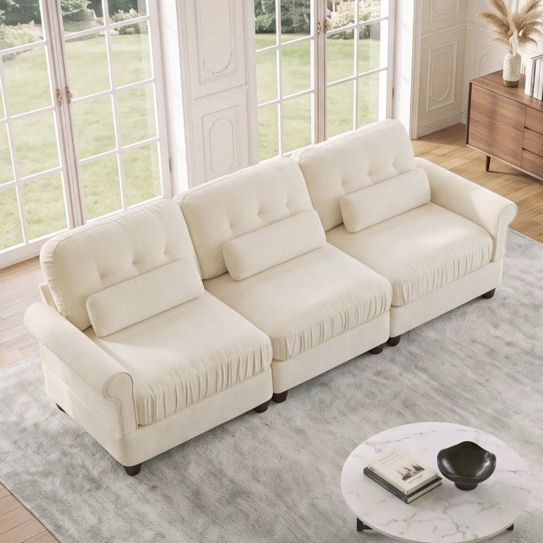 English Elm Chenille Modular Sofa with Button Tufted Back Rolled Arms and Ruffled Skirt for Living Rooms W714S02108