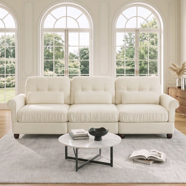 English Elm Chenille Modular Sofa with Button Tufted Back Rolled Arms and Ruffled Skirt for Living Rooms W714S02108