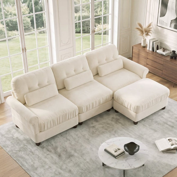 English Elm Chenille Modular Sectional with Ottoman Ruffled Cushions Rolled Arms and Lumbar Pillows W714S02109
