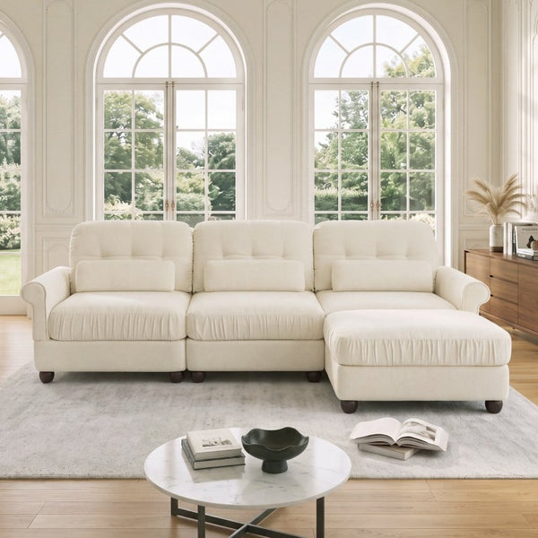 English Elm Chenille Modular Sectional with Ottoman Ruffled Cushions Rolled Arms and Lumbar Pillows W714S02109