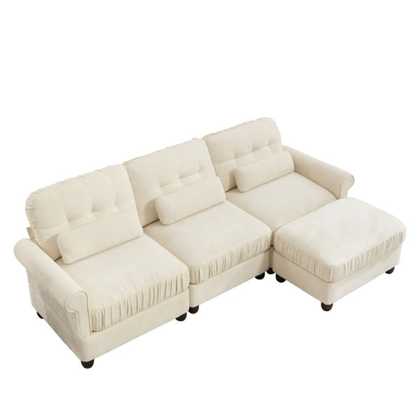 English Elm Chenille Modular Sectional with Ottoman Ruffled Cushions Rolled Arms and Lumbar Pillows W714S02109
