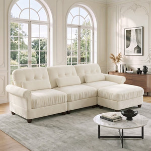 English Elm Chenille Modular Sectional with Ottoman Ruffled Cushions Rolled Arms and Lumbar Pillows W714S02109