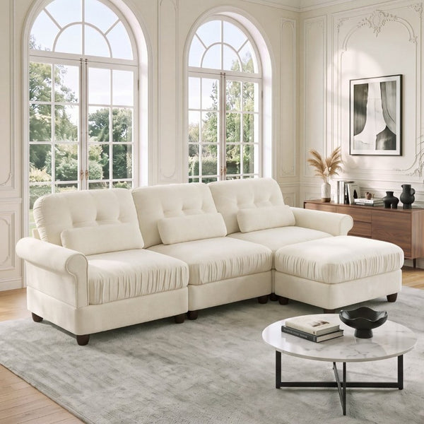 English Elm Chenille Modular Sectional with Ottoman Ruffled Cushions Rolled Arms and Lumbar Pillows W714S02109