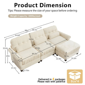English Elm Chenille Modular Sectional with Ottoman Ruffled Cushions Rolled Arms and Lumbar Pillows W714S02109