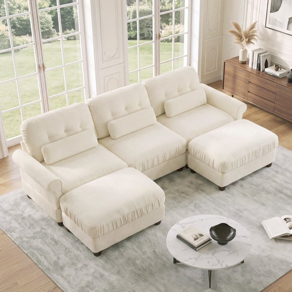 English Elm Chenille Modular U-Shape Sectional with Button-Tufted Back and Deep Cozy Seating Beige 3-Seater with 2 Ottomans W714S02110